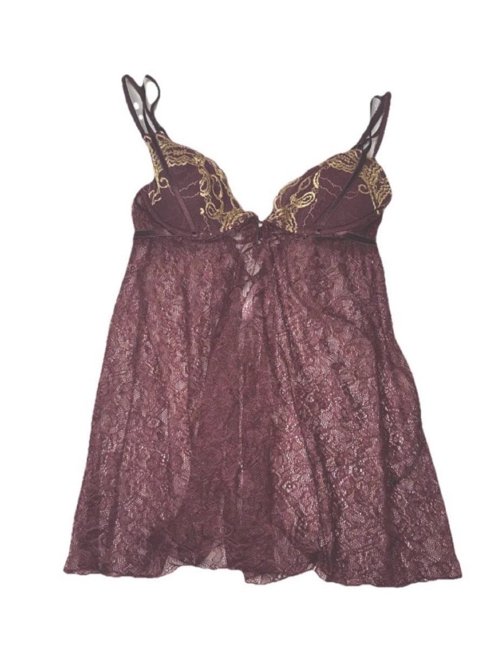 VICTORIAS SECRET 34B VINTAGE 2005 Burgundy Lace Babydoll Cami Chemise